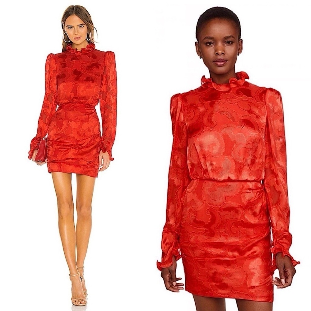 Saloni Rina B Mini Dress Women’s 2 Silk Jacquard Ruffle Puff Sleeve Hot Coral